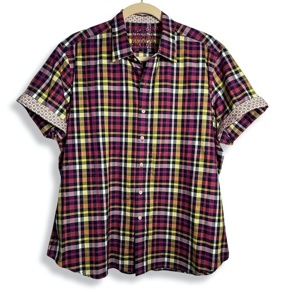 Robert Graham Shirt Mens 3XL Plaid Button Up Short Sleeve Contrast Cuff Cotton - Picture 1 of 13